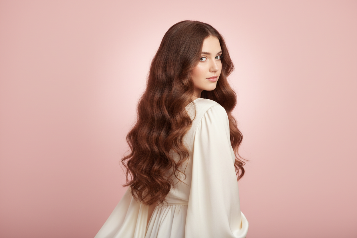 Long hair and light pink background